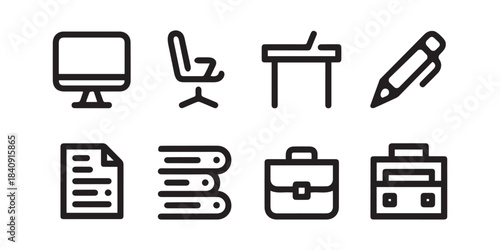 Set of office equipment and supplies icons in outline style on white background