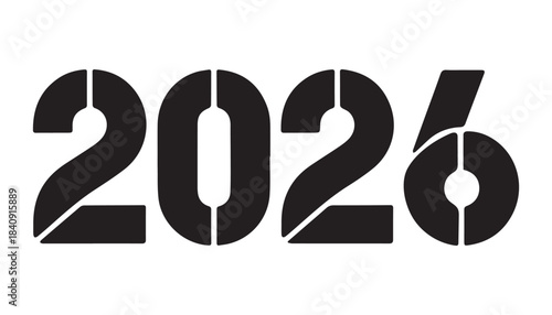 Year 2026 stencil text design with bold numbers in black color on white background
