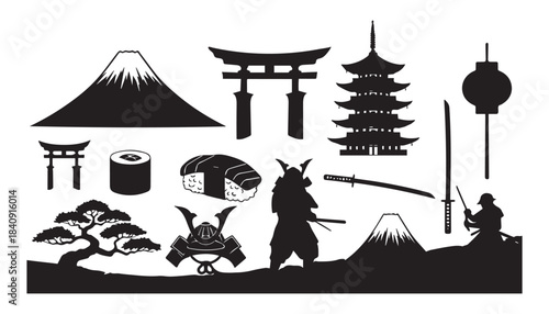 Samurai warriors with katana and Japanese cultural symbols mountain Fuji pagoda torii sushi