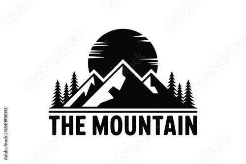 Black silhouette of mountains trees and sun with text the mountain nature landscape