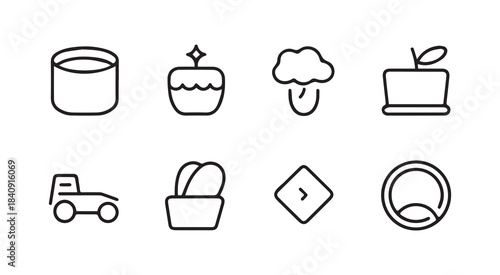Minimalistic icon set with various objects including cups plant and abstract shapes
