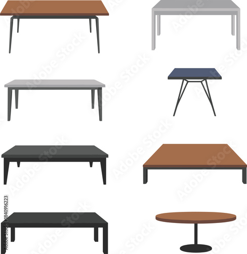 Collection of modern table illustrations, minimalist furniture set, dining and coffee table designs, wooden and metal tables, flat interior decor graphics