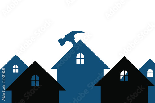 Blue and black house silhouettes with a hammer on a roof against white background home building