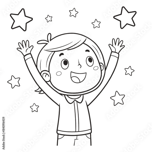 A young child icon surrounded by stars, arms raised in joy, simple line illustration