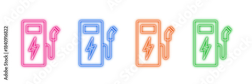 Neon glowing electric vehicle charging station vector icons set, electricity, energy, power, charge, car, eco-friendly, vibrant colorful digital design illustration on transparent background.