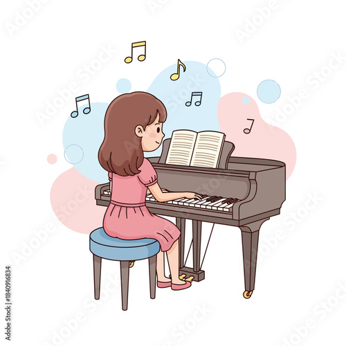 Young girl passionately practicing piano, creating beautiful melodies and filling the air with the joyful sounds of music during a peaceful session
