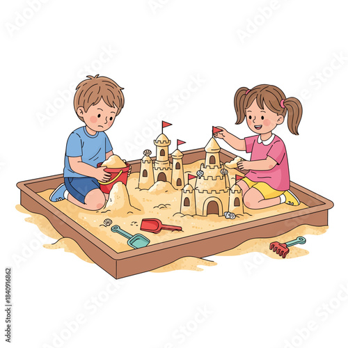 Children building sandcastles in a sandbox, enjoying summer outdoor play and creative construction