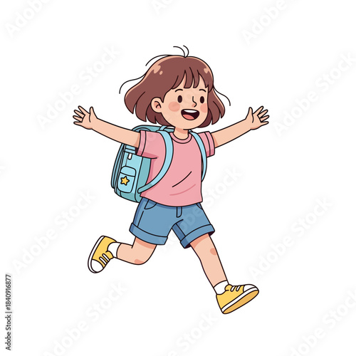Vibrant and enthusiastic young girl with a school backpack joyfully running with open arms, radiating happiness and excitement for learning and play