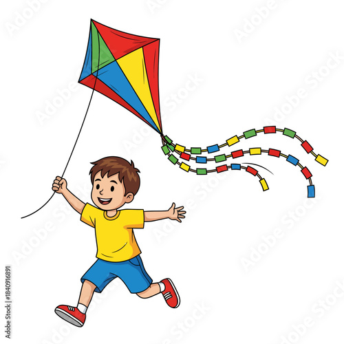 Capturing the carefree spirit of childhood, a joyful young boy runs with boundless energy, expertly flying his vibrant, multi-colored kite high above, celebrating outdoor play