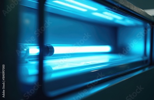 Disinfection box with UV light sterilizing equipment inside. Device uses ultraviolet rays for sanitation. Technology purifies objects, killing germs. Used in health care.
