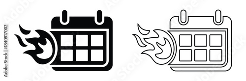 Burning calendar icon set, deadline or hot date symbol,Calendar icon set. Schedule icon symbol. Calendar planner icon collection.Calendar icon collection. Calendar sign and symbol. 