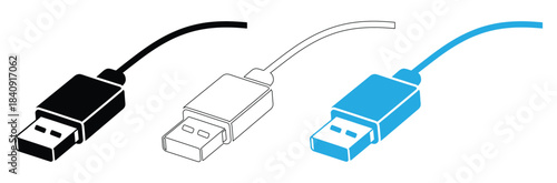 Usb cable connector icon set black, outline, and blue styles,Silhouette of USB cable icon, Mobile charger, USB cable icon. White and Black USB cable vector icon. Mobile phone charging cable.