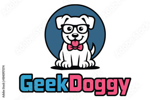 Cute cartoon white dog wearing glasses and pink bow tie logo with text puppy animal