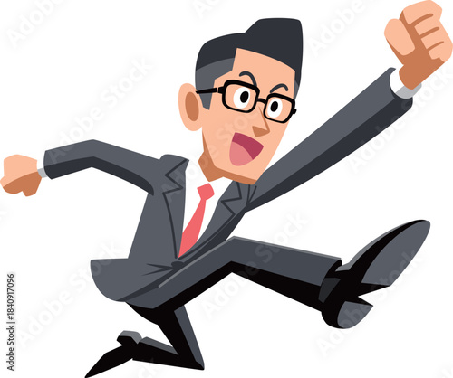 ジャンプするメガネをかけたスーツ姿の男性