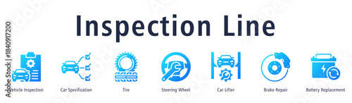 Inspection Line web banner icon vector illustration with icons of Vehicle Inspection, Car Specification, Tire, Steering Wheel, Car Lifter, Brake Repair and Battery Replacement.