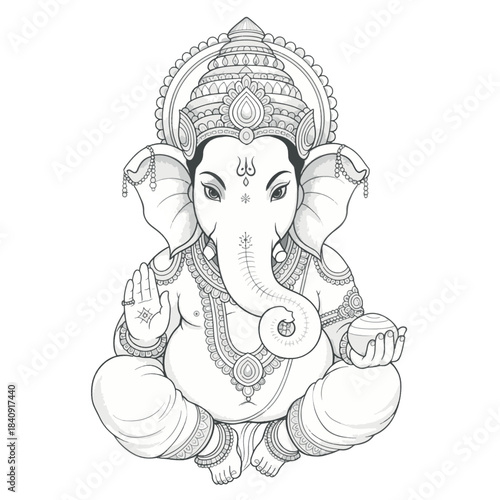Detailed line art illustration of the Hindu deity Ganesha, the elephant god and remover of obstacles. Perfect for coloring pages, tattoo design, or spiritual graphics.