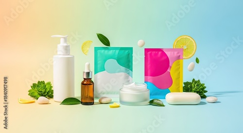 A colorful array of skincare products with lemon slices and greenery on a gradient background.