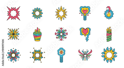Multicolor mandala-style decorative icons featuring symmetrical geometric shapes and vibrant cultural ornamental patterns.
