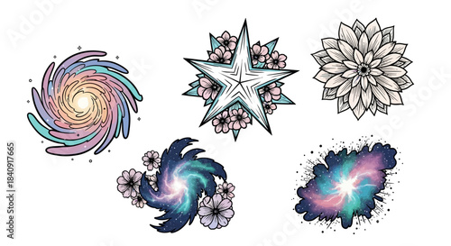 Decorative cosmic swirl and starburst elements featuring galaxy-inspired shapes with bright energetic compositions.