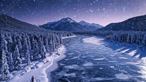 Magical Winter Night Landscape with Snowman and Starry Sky.
