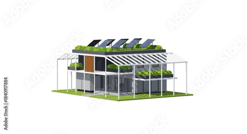 Isometric illustration of modern sustainable house with solar panels and green roof