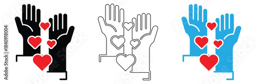 Hands offering and receiving hearts icon set, charity and care concept,Heart icon sheet multiple style collection,hands holding heart icon. simple outline hands holding heart vector