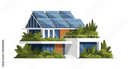 Modern Eco-Friendly House with Solar Panels and Greenery, Sustainable Living Concept Illustration