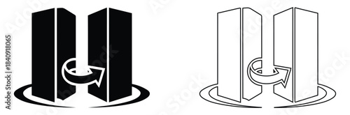 Two towers opening with rotation arrow icon symbol.Tower icon vector , antenna connection , best template logo emblem isolated illustration ,