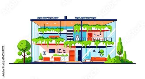 Eco-Friendly Smart Home Illustration with Solar Panels and Abundant Indoor Greenery