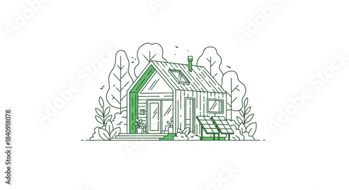 Sustainable Modern House Illustration in Green Natural Environment with Solar Panels