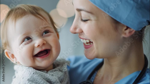 Doctor woman smiling while holding baby girl in a hospital setting  