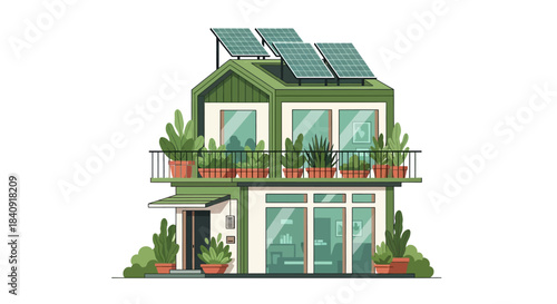 Eco-friendly architectural design: Green building with solar panels and lush plants