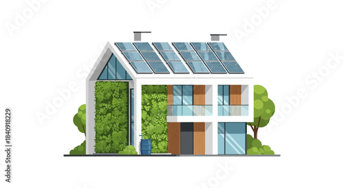 Sustainable Home Design: Illustrated Modern House with Solar Energy and Green Walls