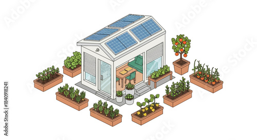Sustainable Garden Building: Isometric View of Eco-Friendly Solar-Powered Home Office