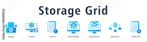 Storage Grid web banner icon vector illustration with icons of Storage, Backup, Archive, Cloud Storage, Cloud Library, Repository and Delete File.