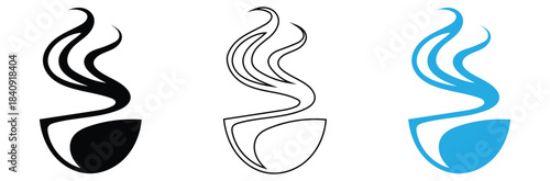 Hot beverage steam icon set in black, outline, and blue,Silhouette Coffee Cup Silhouette Icon,Black Hot Tea Mug Vector with Steam.Steaming Coffee Cup Icon A Warm Beverage in a Brown Mug with Creamy 