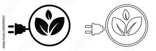 Eco energy plug icon set green power and sustainability symbols,Icon electrical plug with a lightning bolt within a circular frame green leaf symbolizing eco friendly renewable energy green power