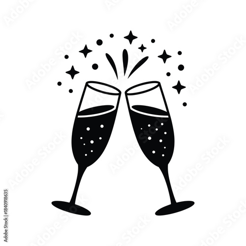 Two Champagne Glasses Clinking with Sparkles Black and White Vector Icon for New Year's Eve