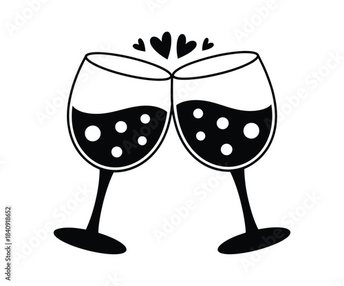 Two Wine Glasses Clinking with Hearts Black and White Vector Icon for Celebration and Toast