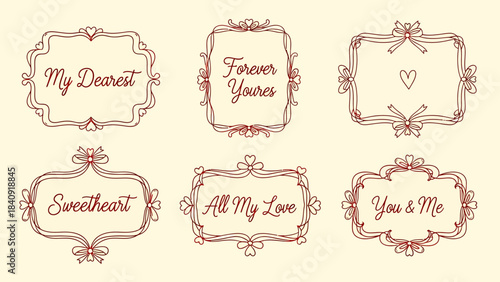 Six vintage ornate frames with romantic phrases such as My Darling, Forever Yours, Sweetheart, All My Love, You & Me