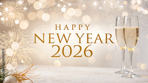 Happy new year 2026 celebration with champagne and fireworks