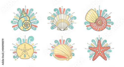 Decorative sea-themed vector set featuring seashells, starfish, corals, bubbles, and marine elements in a pastel hand-drawn style