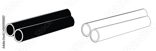 Double pipe or tube icon set solid and outline style,Icons in  steel products. Contains such icons as rolled steel, metal beams, rods, wire and pipes.