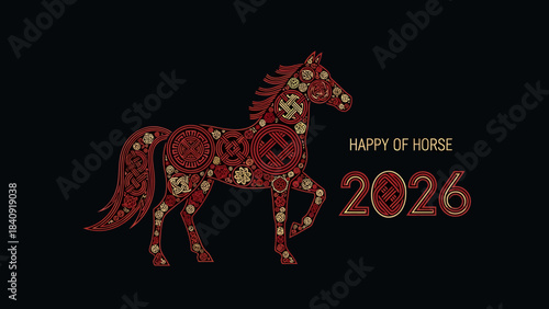 Decorative red horse illustration for the Year of the Horse 2026, festive design celebrating luck and prosperity with intricate patterns on a dark background