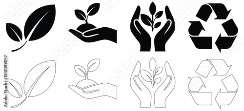 Ecology and recycling icons set solid and outline styles,Set recycle sign or packaging sign for products.Period After Opening PAO label. Green dot recycling symbol.Recycling Codes. Don't litter sign