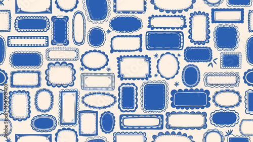 Seamless pattern of hand-drawn blue and white decorative frames and borders with various shapes and styles.