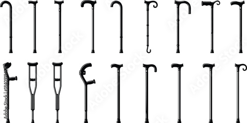 cane, crutch, support, mobility, medical, rehab, walking, stick, aid, silhouette, vector, equipment, elderly, orthopedic, healthcare