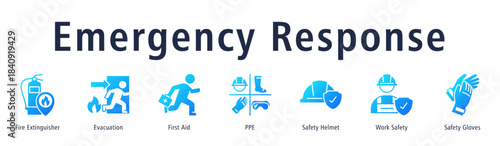 Emergency Response banner featuring Fire Extinguisher, Evacuation, First Aid, PPE, Helmet, Work Safety, and Gloves.