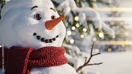 Charming Snowman with Red Scarf in Snowy Winter Forest.