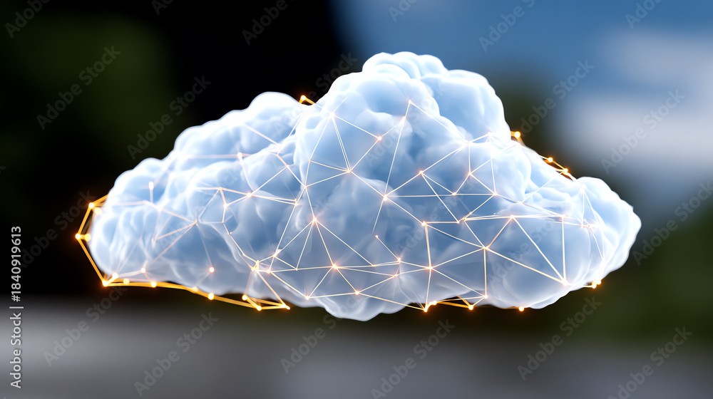 Obraz premium A digital cloud concept featuring interconnected nodes and a glowing outline, symbolizing advanced technology and digital innovation.